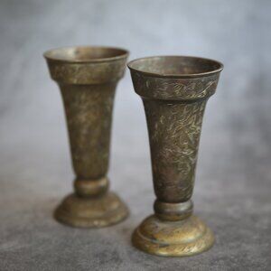 Set of 2 Matching Etched Brass Vases